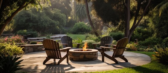 California home with chairs circling a fire pit With copyspace for text - obrazy, fototapety, plakaty