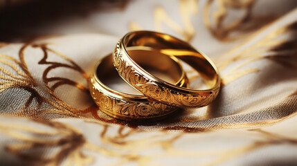 A pair of golden wedding rings. - obrazy, fototapety, plakaty