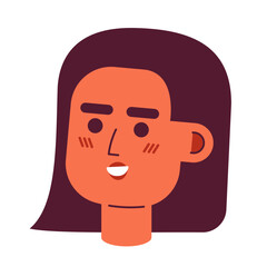 Latin american young woman smiling 2D vector avatar illustration. Hispanic woman cartoon character face. Confident latina female portrait. Positive flat color user profile image isolated on white