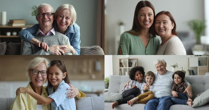 Collage of loving multi-generational families. Diverse young and olders relatives, hugging enjoy time together, cuddling feeling unconditional love. Group of people smile look at camera posing at home