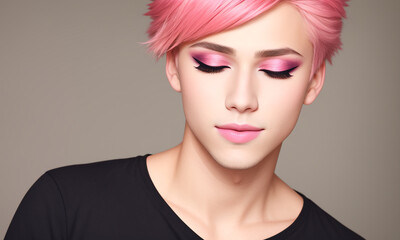 Portrait of a beautiful young man with bright make-up.