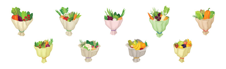 Ripe and Juicy Fruit and Vegetable Bunch or Bouquet Wrapped in Paper Vector Set