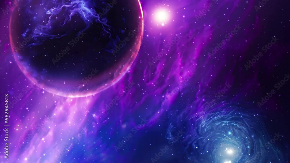 Wall mural galaxy and nebula. violet abstract space background with planet. endless universe with stars and gal