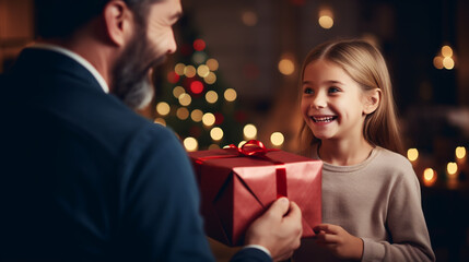 Happy father's day! Child congratulating dad and giving him gift box.