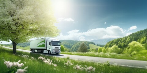 Eco-Friendly Journey: A White Truck Drives Through the Lush Green Hills and Forests, Symbolizing...