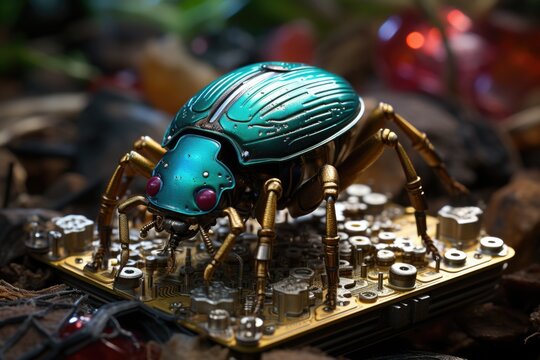 A close up of a toy insect on a circuit board