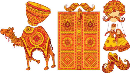 Culture of Rajasthan in Indian art style. Door drum camel in Rajasthan Style. Vector File. - obrazy, fototapety, plakaty