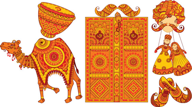 Culture of Rajasthan in Indian art style. Door drum camel in Rajasthan Style. Vector File.