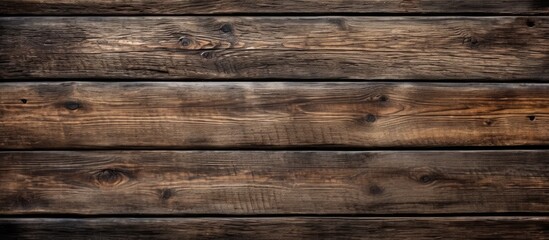Fototapeta na wymiar Aged wooden surface with long boards Planks on a wall or floor with grain and texture Dark neutral brown with contrast With copyspace for text