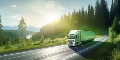 Foto auf Acrylglas Eco-Friendly Journey: A White Truck Drives Through the Lush Green Hills and Forests, Symbolizing Sustainable Transportation Amidst Nature's Beauty © Ben