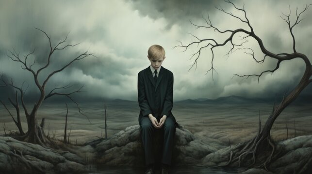 A painting of a man in a suit sitting on a rock depression and despair.