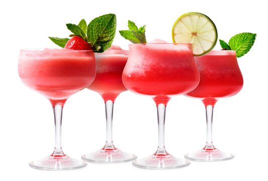 Set of Strawberry margarita cocktails in salt-rimmed glass isolated on white background