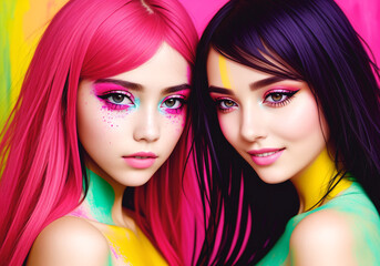 Naklejka premium Portrait of beautiful young women with bright makeup and colorful hair. Beauty, fashion.