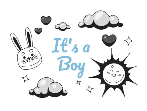 Boy baby shower monochrome greeting card vector. Sunny clouds black and white illustration greetingcard. Kid newborn. Cute rabbit dreamy sky 2D outline cartoon ecard, special occasion postcard image