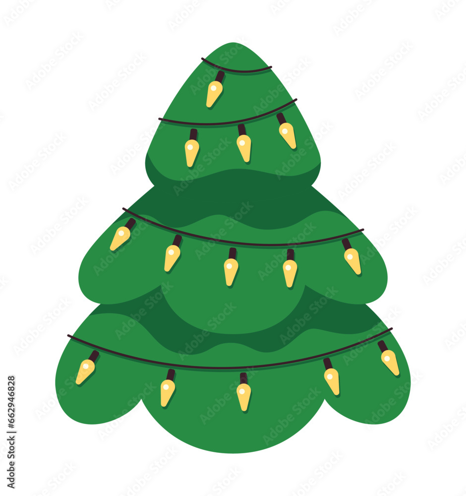 Poster christmas tree string lights 2d cartoon object. hanging lightbulbs xmas pine tree isolated vector it