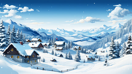 Trees on snow-capped mountain with blue sky in background