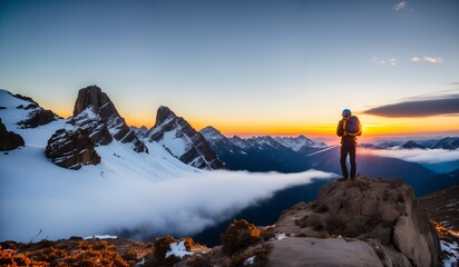Hiker on the top of the mountain at sunrise. Trekking in the mountains.