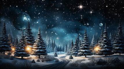 Christmas tree decoration in winter forest with northern lights in the night sky