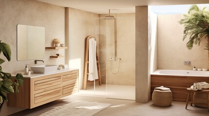 Fototapeta premium a bathroom with a large shower and a sink and a bathtub. generative ai