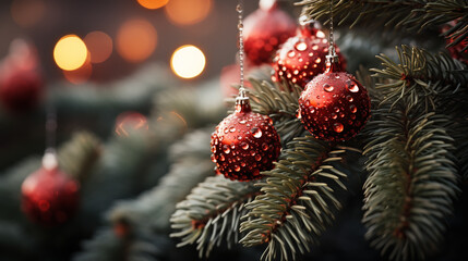 Obraz na płótnie Canvas Fir Branch With Pine Cone And Snow Flakes - Christmas Holidays Background