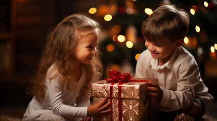 Fototapeta na wymiar Merry Christmas and Happy Holidays! Cheerful cute children opening gifts.