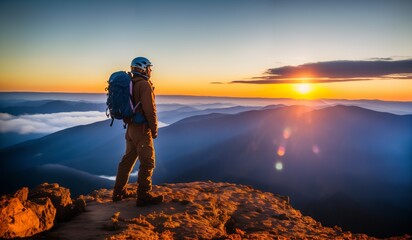 Hiker on the top of the mountain at sunrise. Hiker in winter mountains.