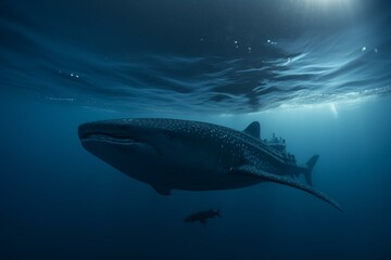 A ship floats over a whale shark swimming in the ocean underwater. Generative AI