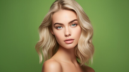 beauty portrait of a female beauty model against green background with long blonde hair