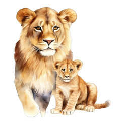 Obraz premium Lion and baby lion cub, isolated on transparent background