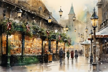 A festive Victorian market on Christmas Eve. Watercolor and ink illustration - obrazy, fototapety, plakaty
