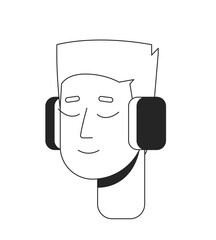 Blonde flattop man headphones black and white 2D line cartoon character head. Guy with flat top haircut isolated vector outline person face. Boy listening music monochromatic flat spot illustration