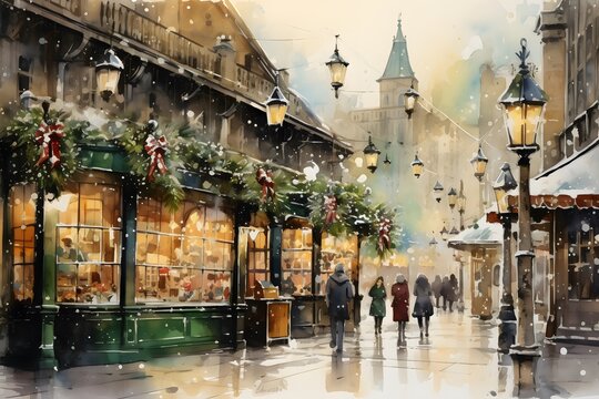 A Festive Victorian Market On Christmas Eve. Watercolor And Ink Illustration