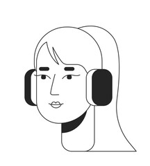 Ponytail young adult woman headphones black and white 2D line cartoon character head. Melomaniac female isolated vector outline person face. Blonde caucasian monochromatic flat spot illustration