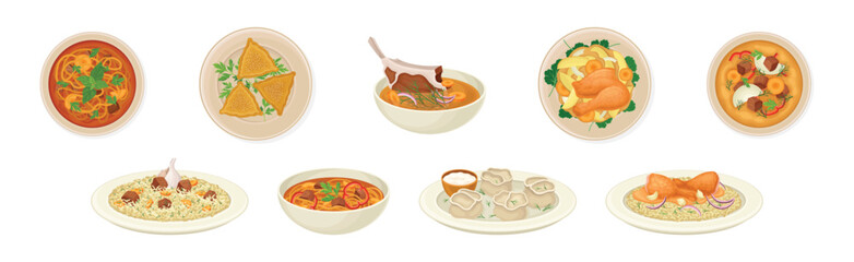 Uzbek Cuisine Traditional Dishes and Food Vector Set