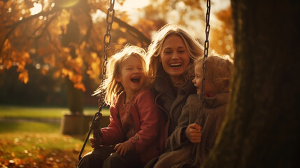 Happy family having fun on a swing ride at a garden a autumn day