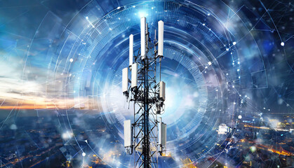Telecommunication tower with 5G transmitters. Cellular base station with transmitting antennas on telecommunication tower against abstract technological background. - obrazy, fototapety, plakaty