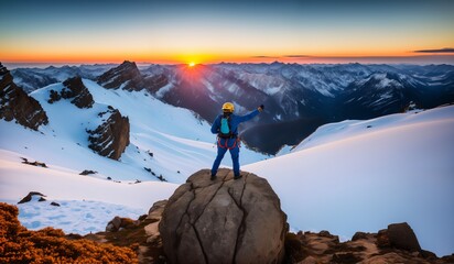 Hiker standing on top of a mountain and looking at the sunrise