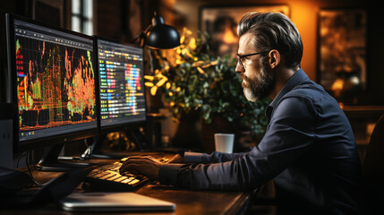 Crypto trader investor analyst looking at computer screen analyzing financial graph data on pc monitor