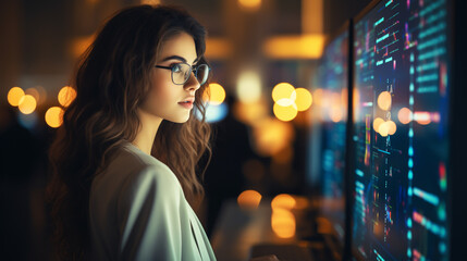 Financial analyzing and market forecast concept with young woman working with data, growing digital chart diagram and candlestick