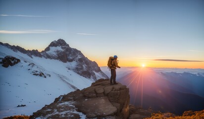 Hiker on the top of a mountain with a backpack and enjoying sunrise