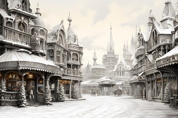 A detailed pencil drawing of a Victorian-era Christmas market. Holiday illustration