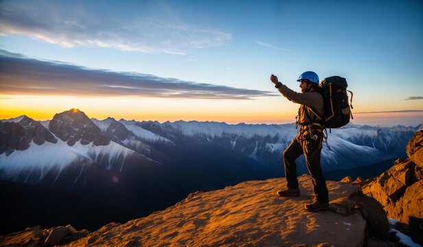 Hiker on the top of a mountain with raised hands at sunrise © whitecityrecords