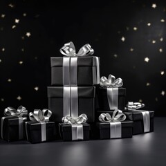 A pile of black and white gift boxes with silver ribbons, Black Friday background