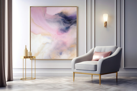 Living room interior with armchair, coffee table and abstract painting. Mock up, 3D Rendering