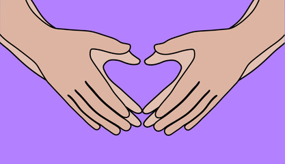 Colorful vector of hands making heart. Drawings of hands in the shape of a heart. Hands heart for couple. Two hands holding together set. Palms touching, gesturing, heart shape. Love relationship.