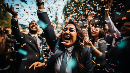 Businessman throwing confetti in the air - obrazy, fototapety, plakaty