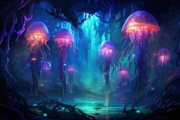 Luminescent jellyfish guardians, illuminating the depths of the ocean with their glow - Generative AI