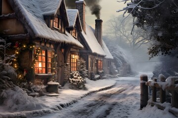 A rustic Victorian cottage decorated before Christmas. A festive photograph of the village - obrazy, fototapety, plakaty