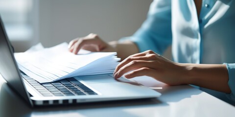 Efficient Digital Workflow: A Closeup of a Womans Hands Holding Papers in Front of Her Laptop, Showcasing Digitization, Scanning, Paperwork Management, Administrative Efficiency, Personnel Oversight - obrazy, fototapety, plakaty