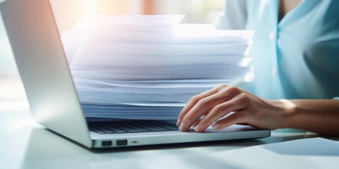 Efficient Digital Workflow: A Closeup of a Womans Hands Holding Papers in Front of Her Laptop, Showcasing Digitization, Scanning, Paperwork Management, Administrative Efficiency, Personnel Oversight - obrazy, fototapety, plakaty